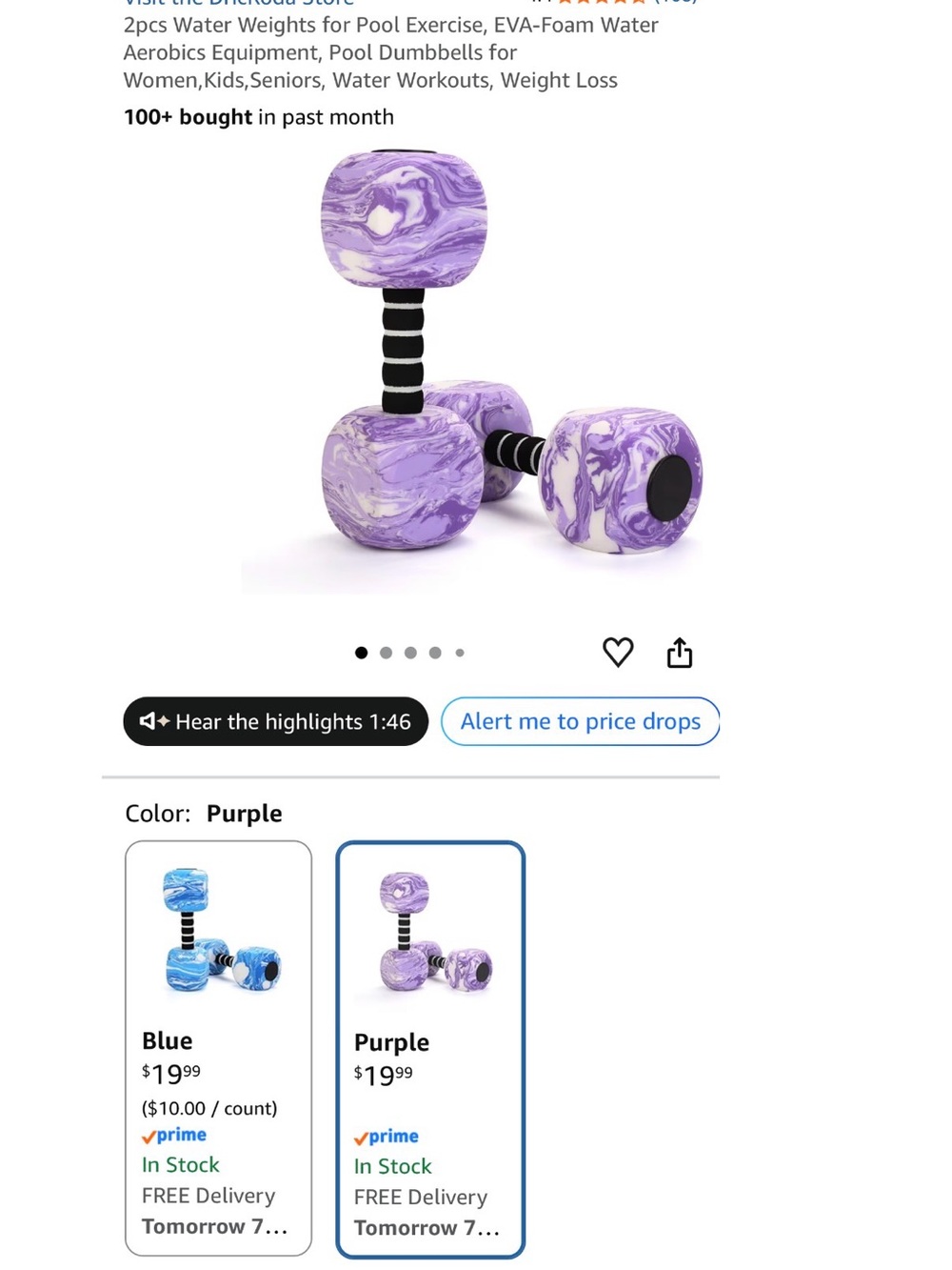 Purple EVA Foam Water Dumbbells - Lightweight for Pool.